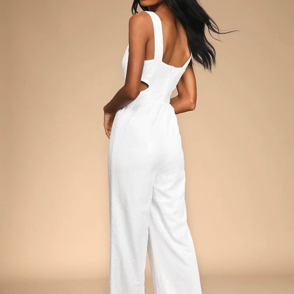 White Sequin Cutout Wide-Leg Jumpsuit Medium - Picture 2 of 3